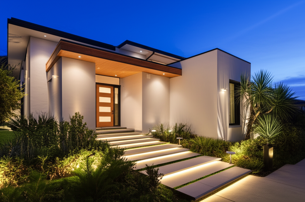 Iluminación LED exterior moderna para jardines y fachadas con sensores automáticos